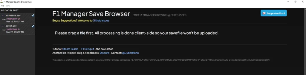 Save Browser de F1 Manager mostrando las partidas guardadas