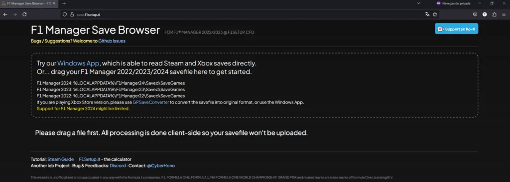 Web save.f1setup.it para configurar coche en F1 Manager
