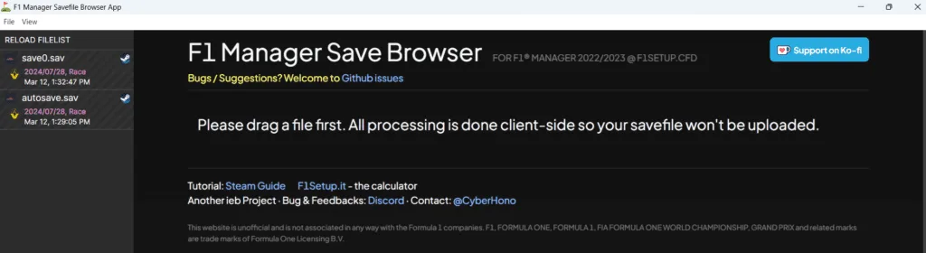 Editor de partidas F1 Manager mostrando configuracion del coche