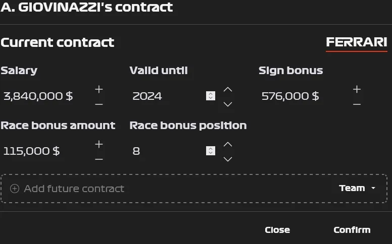 Editor de contratos y motores en F1 Manager