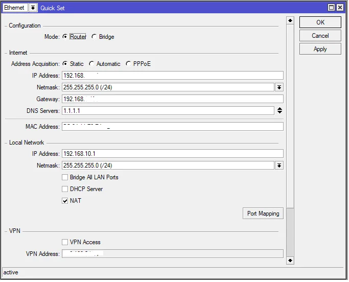 Configuracion de IP en modo router estatico en MikroTik