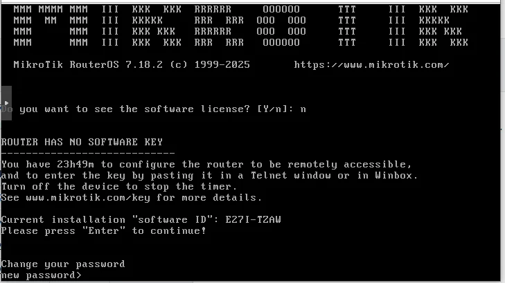 Pantalla de licencia trial de MikroTik RouterOS