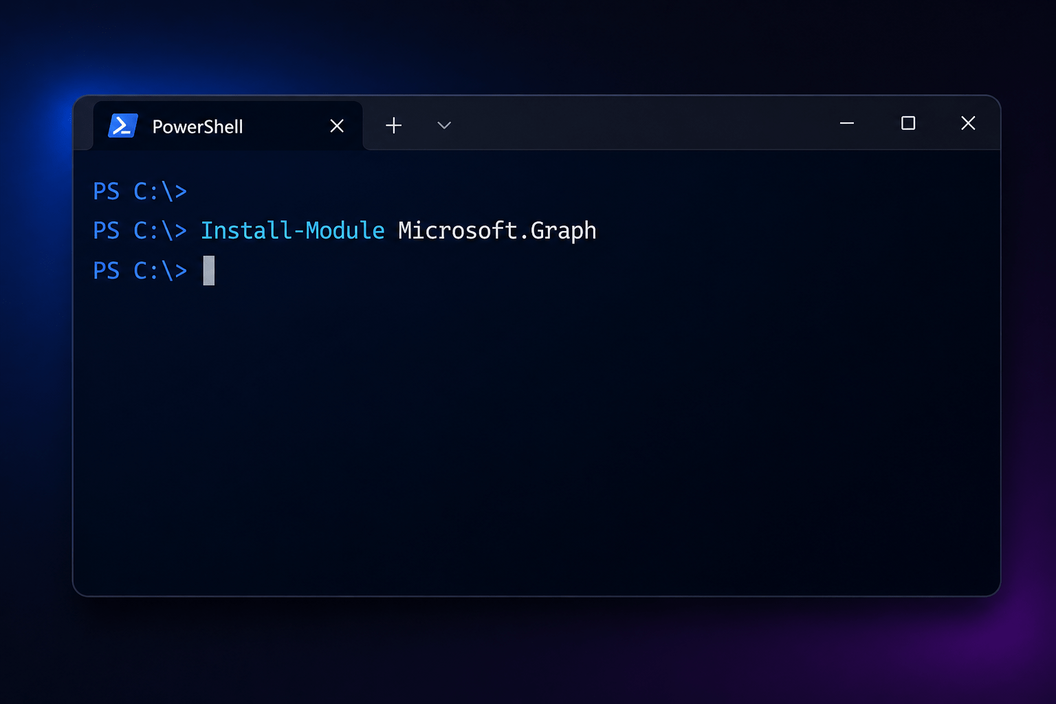 Terminal de PowerShell con comandos de instalación del módulo Microsoft Graph