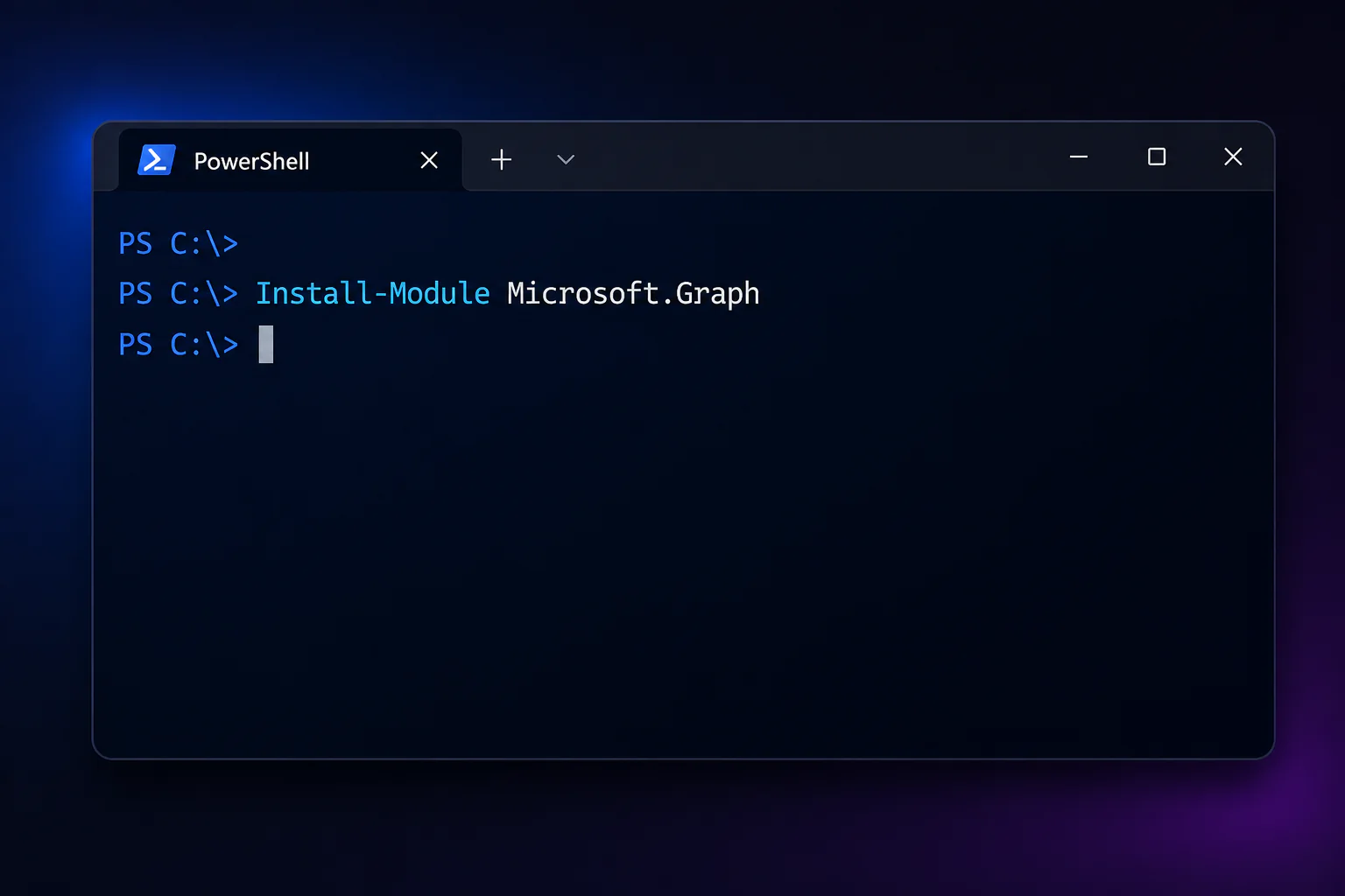 Terminal de PowerShell con comandos de instalación del módulo Microsoft Graph