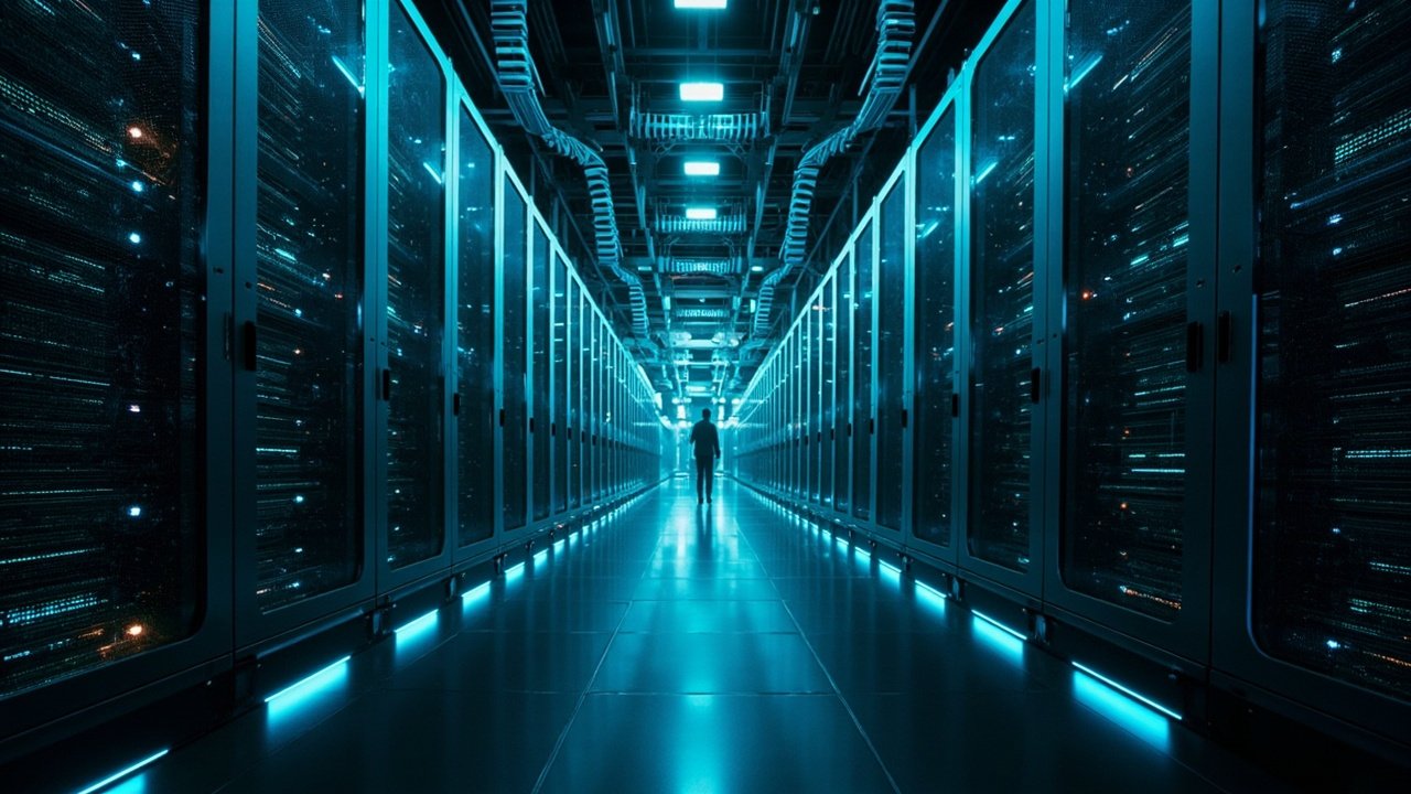 Sala de supercomputación moderna, racks de servidores con iluminación azul